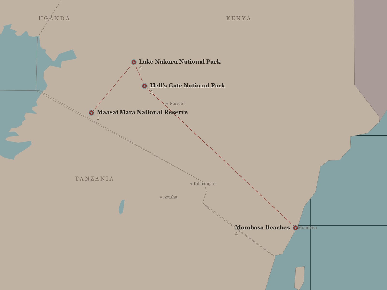 Original Spirit of Kenya route map: 8 Day Safari with Mombasa Extension